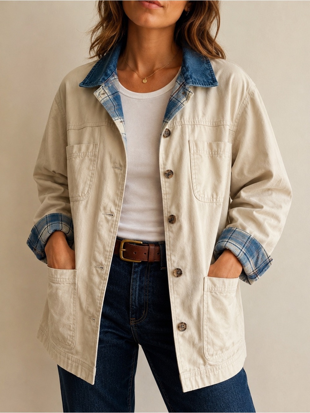 Vintage 90s Cabin Creek Cream Chore Coat Denim Collar Plaid Trim Cotton L